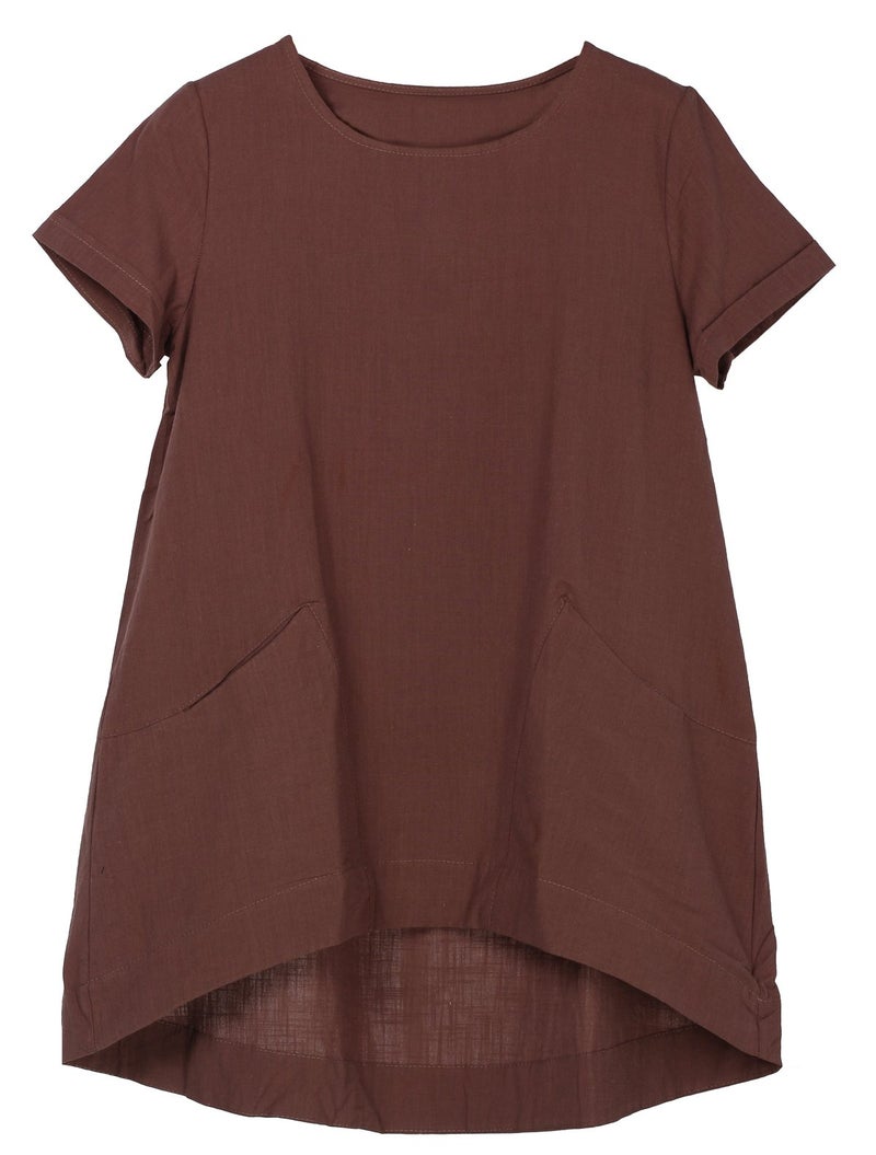 Minibee Women's Cotton Linen Short Sleeve Tunic/Top Tees (M, Coffee) - Image 1